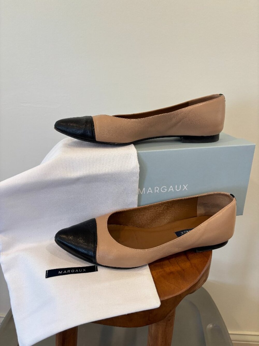 Margaux Captoe Pointe Dune and Black Nappa Leather Flats - 40/9.5
